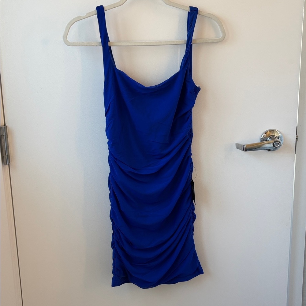 Lulus Sensational Silhouette Royal Blue Mesh Ruched Lace-up Mini Dress - Size M